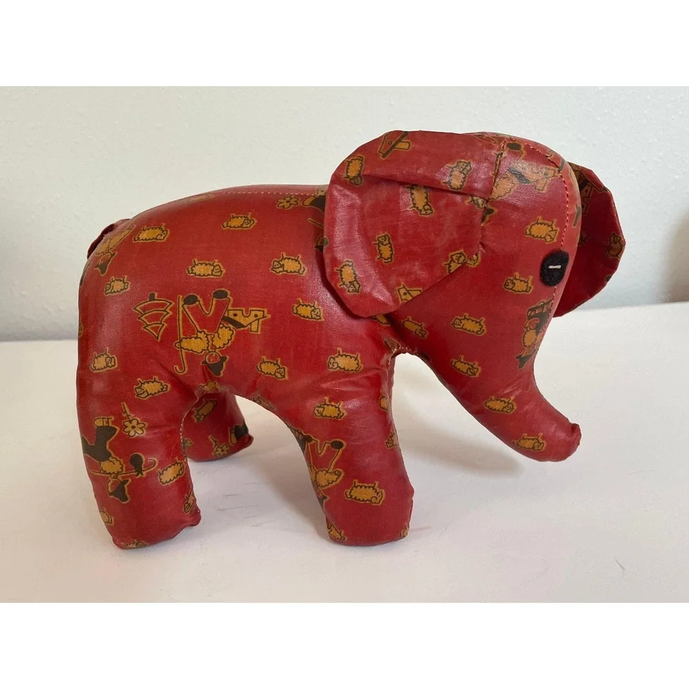 Vintage - Red Print Oil Cloth Stuffed ELEPHANT Toy/Decor - 7